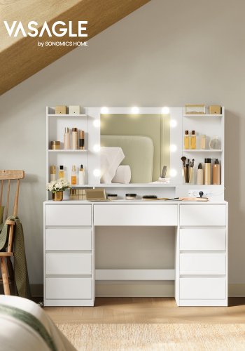 VASAGLE RDT141WB03 Kailyn makeup bord, m. LED-spejl, stikkontakter, 5 hylder, 2 �bne rum, 9 skuffer, 9 d�mpbare p�rer, 3 lysfarver, v�rkt�jsfri glideskinnemontering - spejlglas og hvid MDF/sp�nplade (107x40)