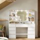 VASAGLE KAILYN Kollektion - Toiletbord med LED-spejl, Vanity-skrivebord med stikkontakter, 9 skuffer, 9 d�mpbare p�rer, 3 lysfarver, v�rkt�jsfri glideskinnemontering, Cloud White RDT141WB03