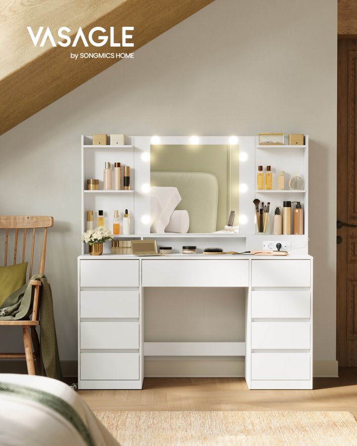 VASAGLE KAILYN Kollektion - Toiletbord med LED-spejl, Vanity-skrivebord med stikkontakter, 9 skuffer, 9 d�mpbare p�rer, 3 lysfarver, v�rkt�jsfri glideskinnemontering, Cloud White RDT141WB03