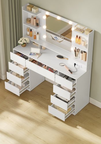 VASAGLE KAILYN Kollektion - Toiletbord med LED-spejl, Vanity-skrivebord med stikkontakter, 9 skuffer, 9 d�mpbare p�rer, 3 lysfarver, v�rkt�jsfri glideskinnemontering, Cloud White RDT141WB03