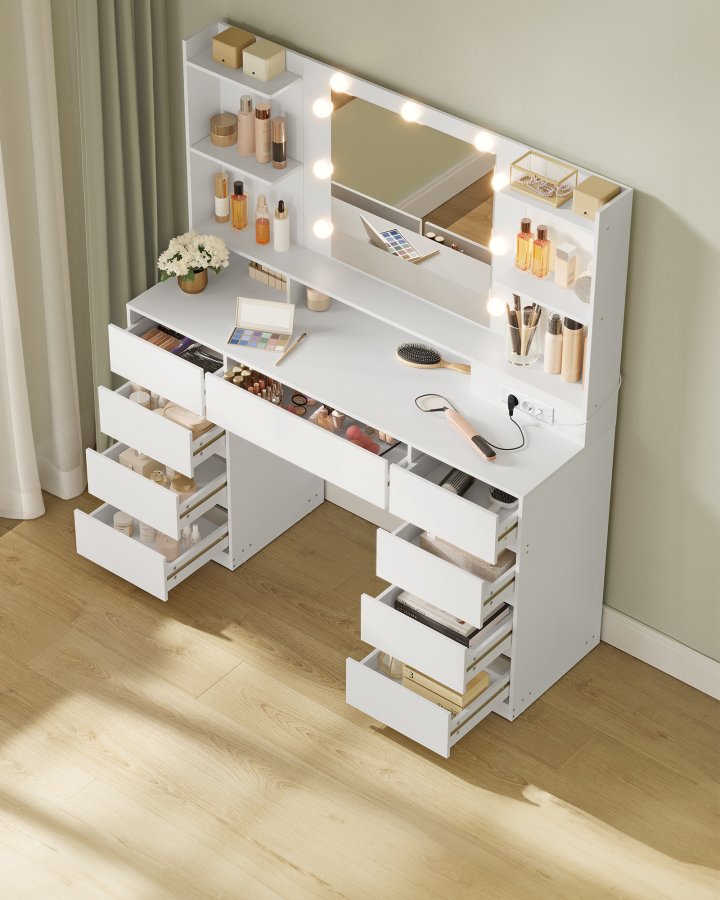 VASAGLE KAILYN Kollektion - Toiletbord med LED-spejl, Vanity-skrivebord med stikkontakter, 9 skuffer, 9 d�mpbare p�rer, 3 lysfarver, v�rkt�jsfri glideskinnemontering, Cloud White RDT141WB03