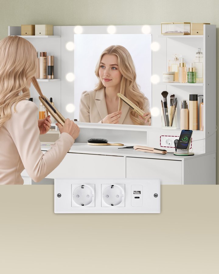 VASAGLE KAILYN Kollektion - Toiletbord med LED-spejl, Vanity-skrivebord med stikkontakter, 9 skuffer, 9 d�mpbare p�rer, 3 lysfarver, v�rkt�jsfri glideskinnemontering, Cloud White RDT141WB03