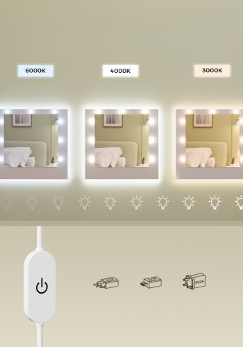 VASAGLE KAILYN Kollektion - Toiletbord med LED-spejl, Vanity-skrivebord med stikkontakter, 9 skuffer, 9 d�mpbare p�rer, 3 lysfarver, v�rkt�jsfri glideskinnemontering, Cloud White RDT141WB03