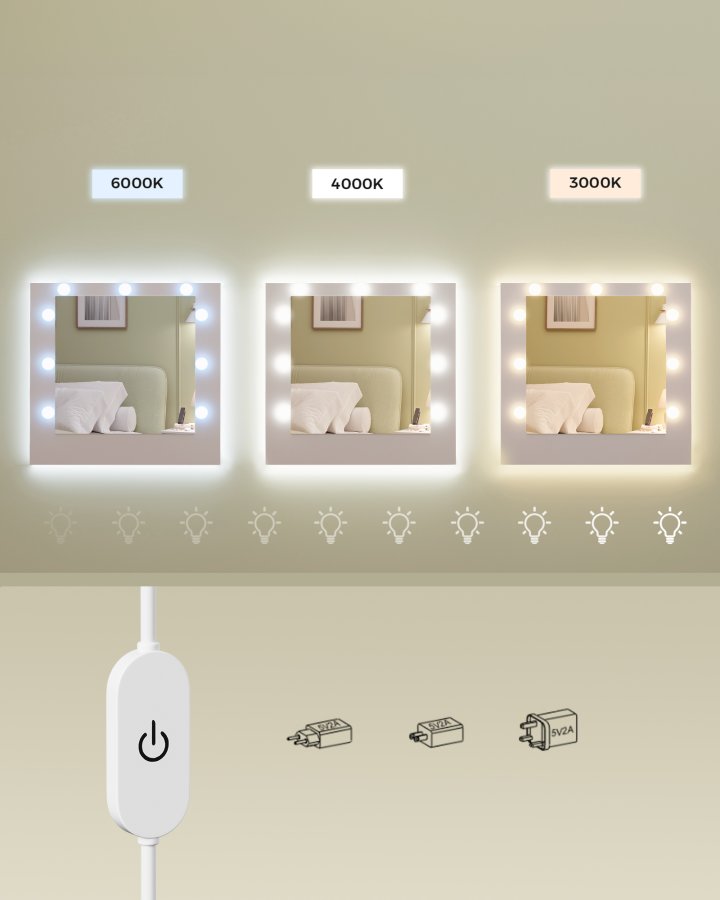 VASAGLE KAILYN Kollektion - Toiletbord med LED-spejl, Vanity-skrivebord med stikkontakter, 9 skuffer, 9 d�mpbare p�rer, 3 lysfarver, v�rkt�jsfri glideskinnemontering, Cloud White RDT141WB03