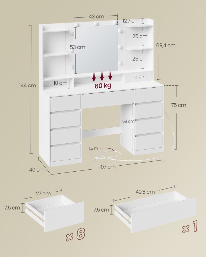 VASAGLE KAILYN Kollektion - Toiletbord med LED-spejl, Vanity-skrivebord med stikkontakter, 9 skuffer, 9 d�mpbare p�rer, 3 lysfarver, v�rkt�jsfri glideskinnemontering, Cloud White RDT141WB03
