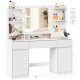 VASAGLE Kailyn Collection RDT142WB02 Toiletbord med spejl og LED-lys, str�mskinne, 2 skabe, 9 d�mpbare p�rer, 3 lysfarver, v�rkt�jsfri glideskinner, Cloud White