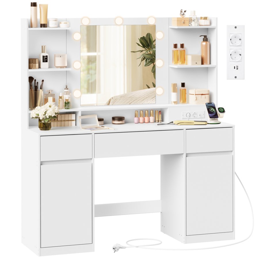 VASAGLE Kailyn Collection RDT142WB02 Toiletbord med spejl og LED-lys, str�mskinne, 2 skabe, 9 d�mpbare p�rer, 3 lysfarver, v�rkt�jsfri glideskinner, Cloud White