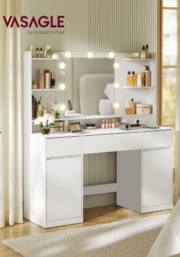 VASAGLE Kailyn Collection RDT142WB02 Sminkebord med speil og LED-lys, str�mskinne, 2 skap, 9 dimbare p�rer, 3 lysfarger, verkt�yfrie glideskinner, Cloud White
