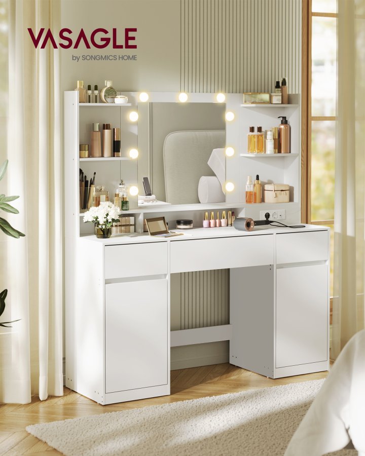 VASAGLE Kailyn Collection RDT142WB02 Toiletbord med spejl og LED-lys, str�mskinne, 2 skabe, 9 d�mpbare p�rer, 3 lysfarver, v�rkt�jsfri glideskinner, Cloud White