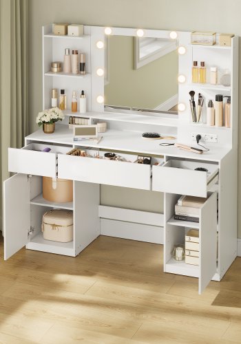 VASAGLE Kailyn Collection RDT142WB02 Toiletbord med spejl og LED-lys, str�mskinne, 2 skabe, 9 d�mpbare p�rer, 3 lysfarver, v�rkt�jsfri glideskinner, Cloud White