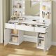 VASAGLE Kailyn Collection RDT142WB02 Toiletbord med spejl og LED-lys, str�mskinne, 2 skabe, 9 d�mpbare p�rer, 3 lysfarver, v�rkt�jsfri glideskinner, Cloud White
