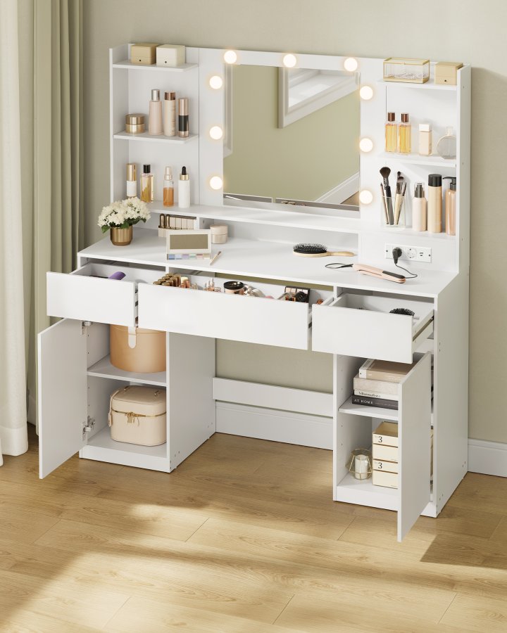 VASAGLE Kailyn Collection RDT142WB02 Toiletbord med spejl og LED-lys, str�mskinne, 2 skabe, 9 d�mpbare p�rer, 3 lysfarver, v�rkt�jsfri glideskinner, Cloud White