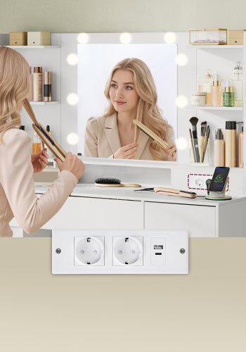 VASAGLE Kailyn Collection RDT142WB02 Toiletbord med spejl og LED-lys, str�mskinne, 2 skabe, 9 d�mpbare p�rer, 3 lysfarver, v�rkt�jsfri glideskinner, Cloud White