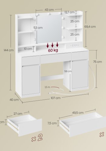 VASAGLE Kailyn Collection RDT142WB02 Toiletbord med spejl og LED-lys, str�mskinne, 2 skabe, 9 d�mpbare p�rer, 3 lysfarver, v�rkt�jsfri glideskinner, Cloud White