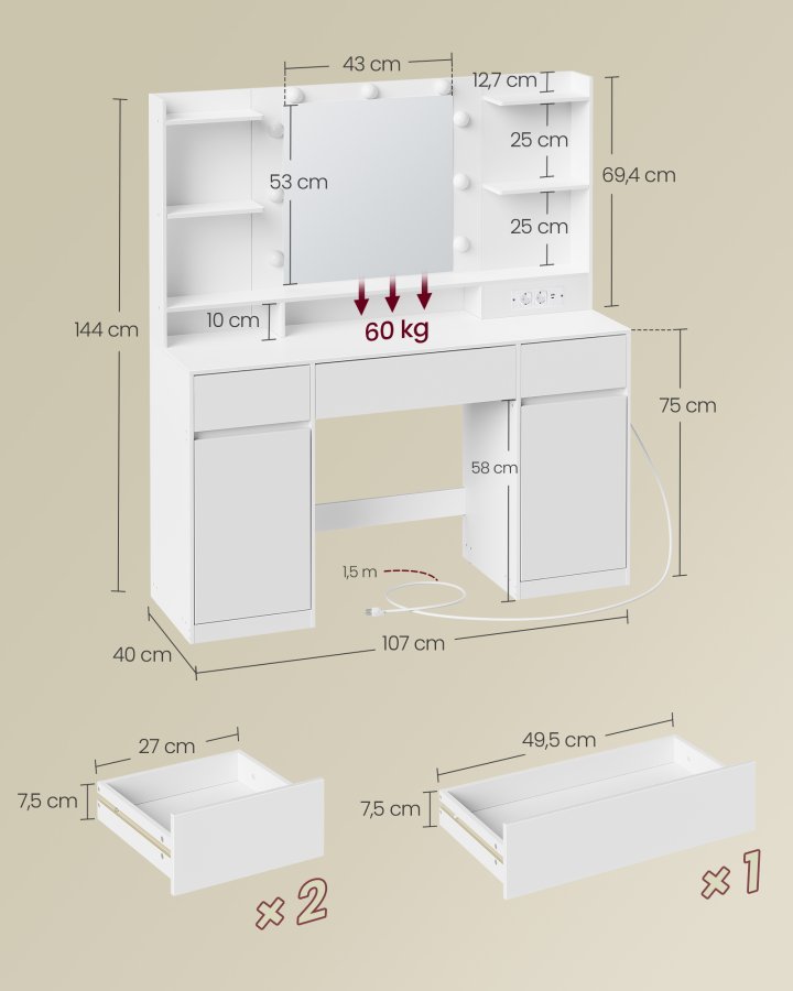VASAGLE Kailyn Collection RDT142WB02 Toiletbord med spejl og LED-lys, str�mskinne, 2 skabe, 9 d�mpbare p�rer, 3 lysfarver, v�rkt�jsfri glideskinner, Cloud White