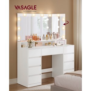 VASAGLE RDT146WB01 Stort toiletbord med spejl og stik, justerbar LED-belysning, makeupbord med 9 skuffer, moderne, hvid
