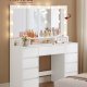 VASAGLE RDT146WB01 Stort toiletbord med spejl og stik, justerbar LED-belysning, makeupbord med 9 skuffer, moderne, hvid