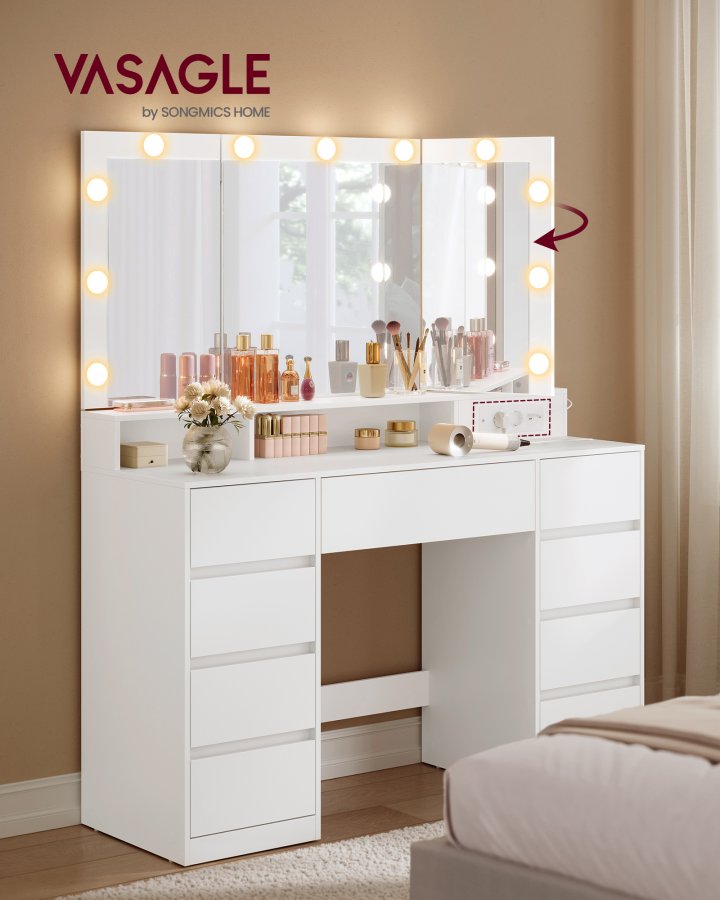 VASAGLE RDT146WB01 Stort toiletbord med spejl og stik, justerbar LED-belysning, makeupbord med 9 skuffer, moderne, hvid