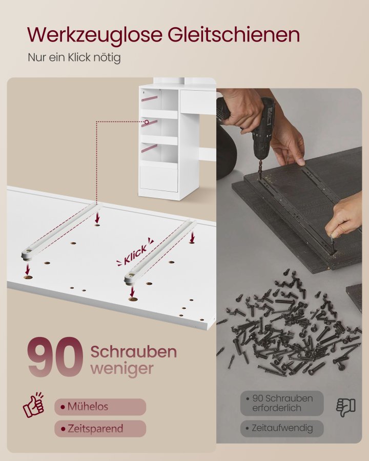 VASAGLE RDT146WB01 Stort toiletbord med spejl og stik, justerbar LED-belysning, makeupbord med 9 skuffer, moderne, hvid