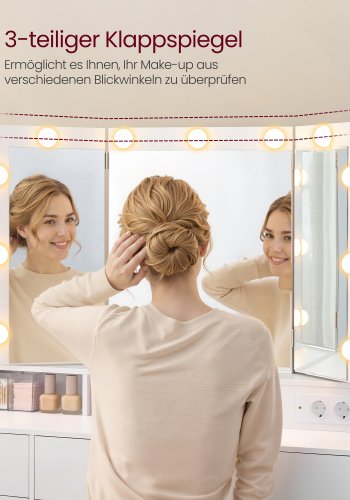 VASAGLE RDT146WB01 Stort toiletbord med spejl og stik, justerbar LED-belysning, makeupbord med 9 skuffer, moderne, hvid