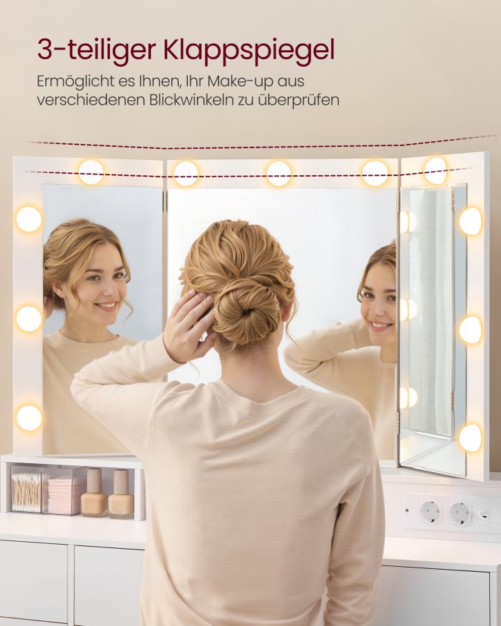 VASAGLE RDT146WB01 Stort toiletbord med spejl og stik, justerbar LED-belysning, makeupbord med 9 skuffer, moderne, hvid
