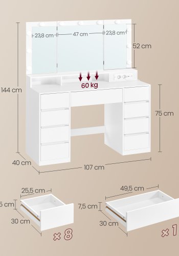 VASAGLE RDT146WB01 Stort toiletbord med spejl og stik, justerbar LED-belysning, makeupbord med 9 skuffer, moderne, hvid