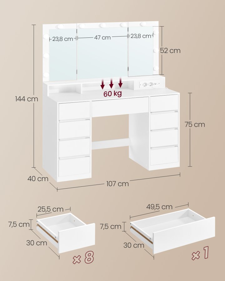 VASAGLE RDT146WB01 Stort toiletbord med spejl og stik, justerbar LED-belysning, makeupbord med 9 skuffer, moderne, hvid