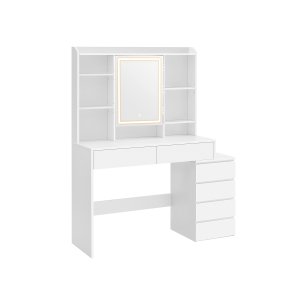 VASAGLE LED-belysningssminkebord med justerbar lysstyrke Sminkebord med spejl Kosmetikbord med skuffer �bne rum Justerbare hylder Moderne Cloud White RDT624W01