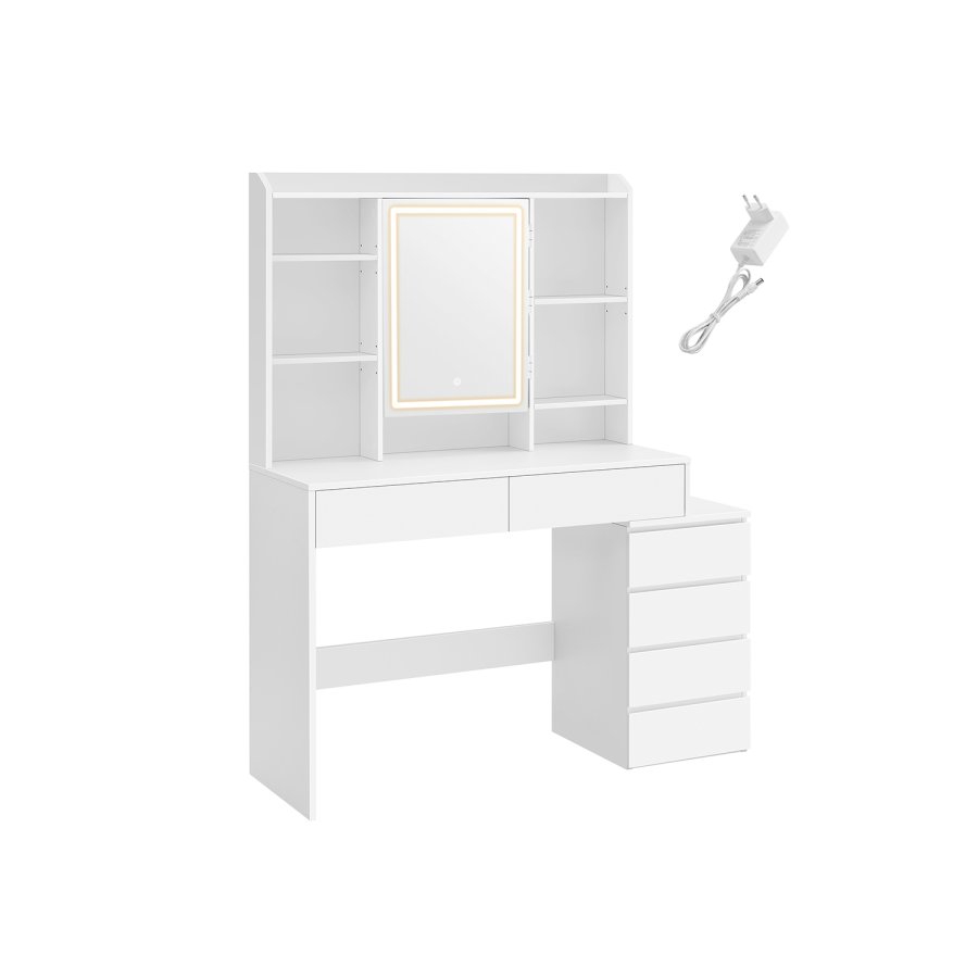 VASAGLE LED-belysningssminkebord med justerbar lysstyrke Sminkebord med spejl Kosmetikbord med skuffer �bne rum Justerbare hylder Moderne Cloud White RDT624W01