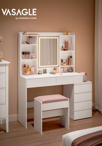 VASAGLE RDT624W01 makeupbord, m. justerbar LED-lys, spejl, 6 hylder, 6 skuffer - spejlglas og hvid sp�nplade (118,3x40)