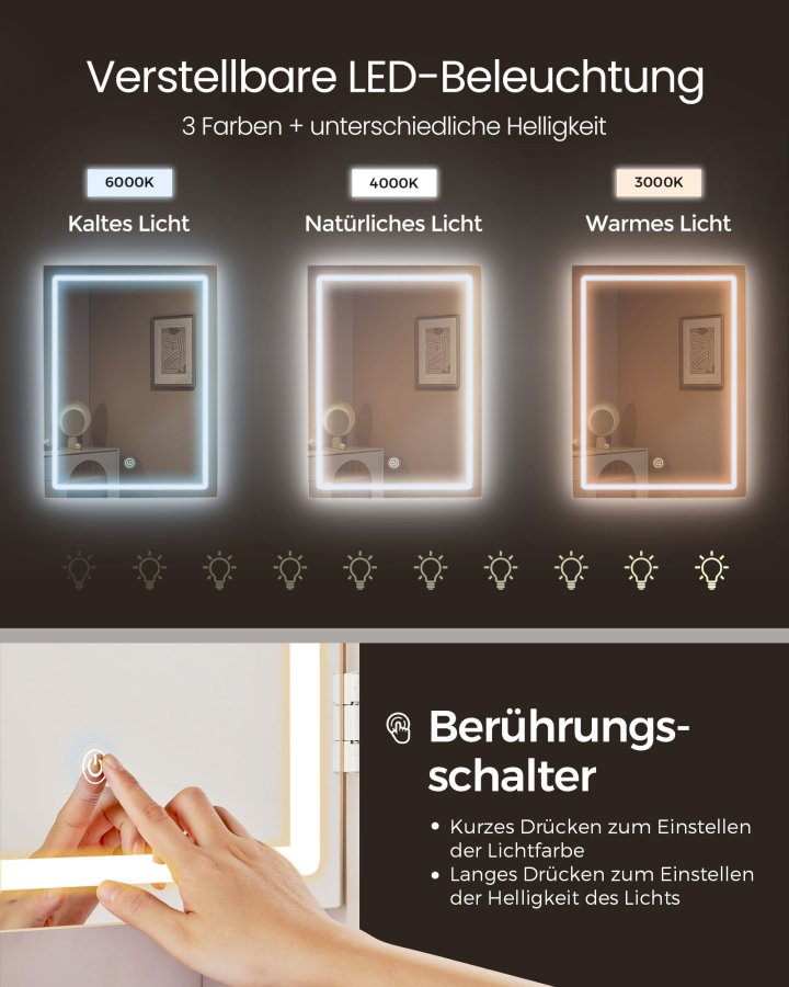 VASAGLE LED-belysningssminkebord med justerbar lysstyrke Sminkebord med spejl Kosmetikbord med skuffer �bne rum Justerbare hylder Moderne Cloud White RDT624W01