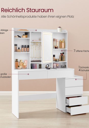 VASAGLE LED-belysningssminkebord med justerbar lysstyrke Sminkebord med spejl Kosmetikbord med skuffer �bne rum Justerbare hylder Moderne Cloud White RDT624W01
