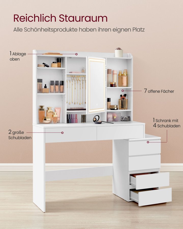 VASAGLE LED-belysningssminkebord med justerbar lysstyrke Sminkebord med spejl Kosmetikbord med skuffer �bne rum Justerbare hylder Moderne Cloud White RDT624W01