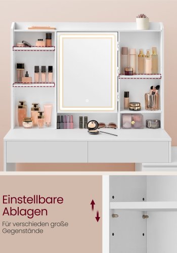 VASAGLE LED-belysningssminkebord med justerbar lysstyrke Sminkebord med spejl Kosmetikbord med skuffer �bne rum Justerbare hylder Moderne Cloud White RDT624W01