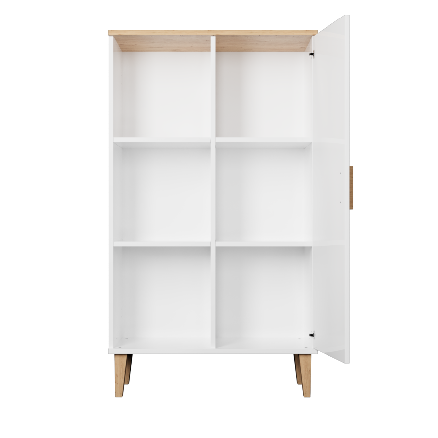 KOCOT Denver Bücherregal, mit 1 Tür und 4 Regalen – weiße und natürliche Hickory-Spanplatte (H: 120 cm x 80 cm x 35 cm)