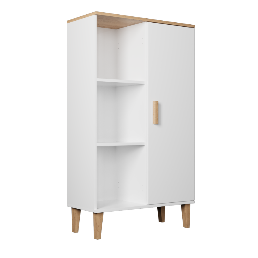 KOCOT Denver Bücherregal, mit 1 Tür und 4 Regalen – weiße und natürliche Hickory-Spanplatte (H: 120 cm x 80 cm x 35 cm)