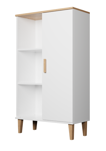 KOCOT Denver Bücherregal, mit 1 Tür und 4 Regalen – weiße und natürliche Hickory-Spanplatte (H: 120 cm x 80 cm x 35 cm)