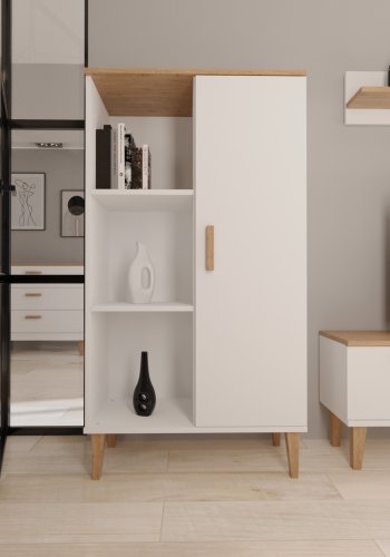 KOCOT Denver Bücherregal, mit 1 Tür und 4 Regalen – weiße und natürliche Hickory-Spanplatte (H: 120 cm x 80 cm x 35 cm)