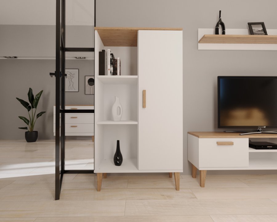 KOCOT Denver Bücherregal, mit 1 Tür und 4 Regalen – weiße und natürliche Hickory-Spanplatte (H: 120 cm x 80 cm x 35 cm)