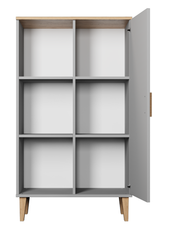 KOCOT Denver Bücherregal, mit 1 Tür und 4 Regalen – Chinchillagrau und natürliche Hickory-Spanplatte (H: 120 cm x 80 cm x cm)