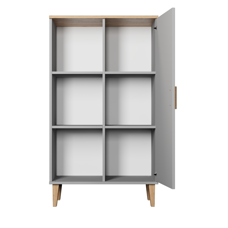 KOCOT Denver Bücherregal, mit 1 Tür und 4 Regalen – Chinchillagrau und natürliche Hickory-Spanplatte (H: 120 cm x 80 cm x cm)