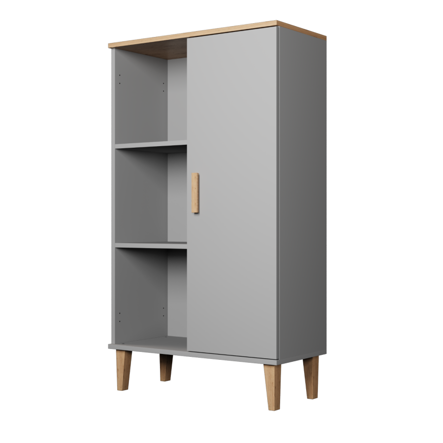 KOCOT Denver Bücherregal, mit 1 Tür und 4 Regalen – Chinchillagrau und natürliche Hickory-Spanplatte (H: 120 cm x 80 cm x cm)