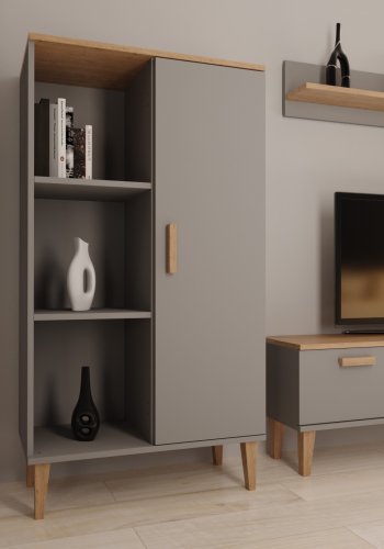 KOCOT Denver Bücherregal, mit 1 Tür und 4 Regalen – Chinchillagrau und natürliche Hickory-Spanplatte (H: 120 cm x 80 cm x cm)