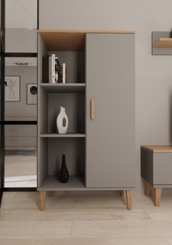 KOCOT Denver Bücherregal, mit 1 Tür und 4 Regalen – Chinchillagrau und natürliche Hickory-Spanplatte (H: 120 cm x 80 cm x cm)