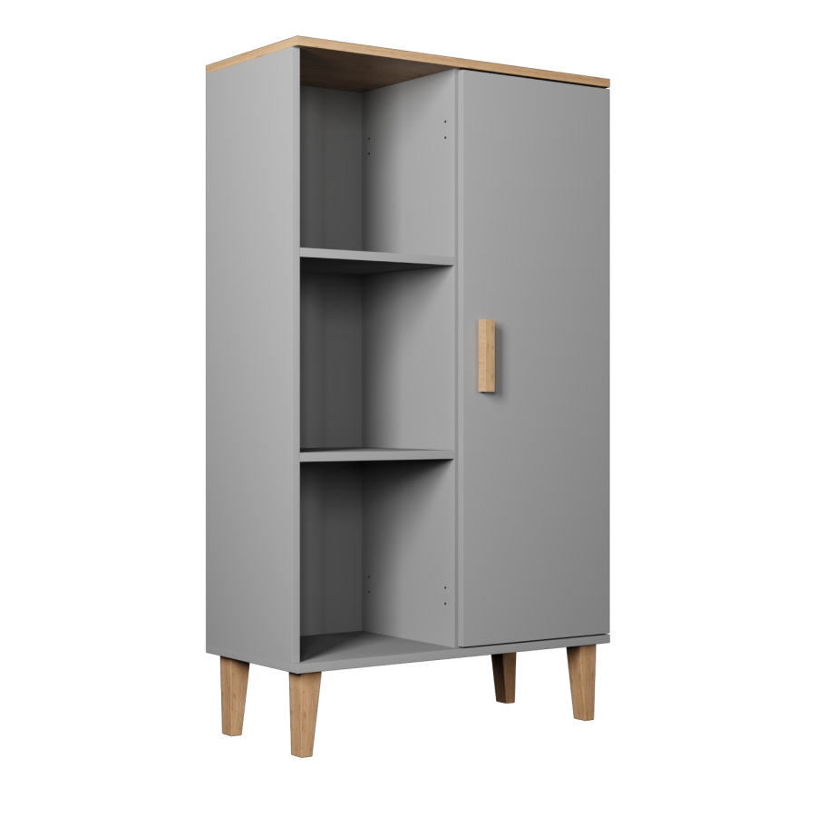 KOCOT Denver Bücherregal, mit 1 Tür und 4 Regalen – Chinchillagrau und natürliche Hickory-Spanplatte (H: 120 cm x 80 cm x cm)