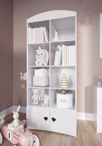 Julia barnebokhylle, m. 2 drer og 8 hyller - hvit laminat og MDF