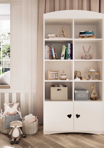 Julia barnebokhylle, m. 2 drer og 8 hyller - hvit laminat og MDF
