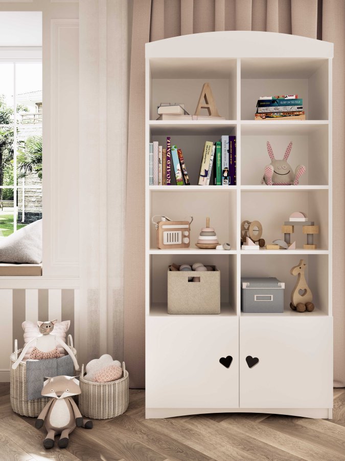 Julia barnebokhylle, m. 2 drer og 8 hyller - hvit laminat og MDF