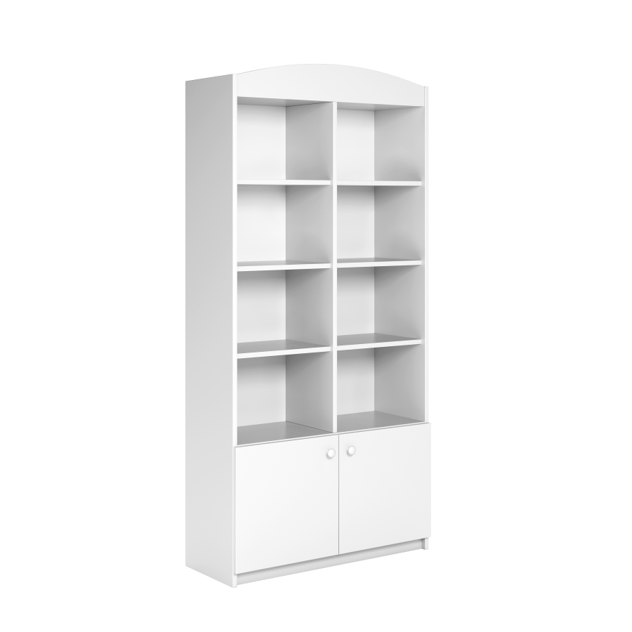 Babydreams barnebokhylle, m. 2 drer og 8 hyller - hvit laminat