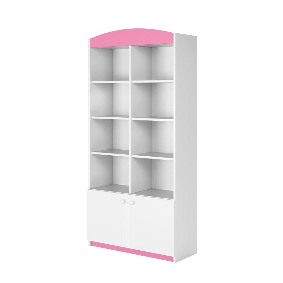 Babydreams barnebokhylle, m. 2 drer og 8 hyller - hvit og rosa laminat